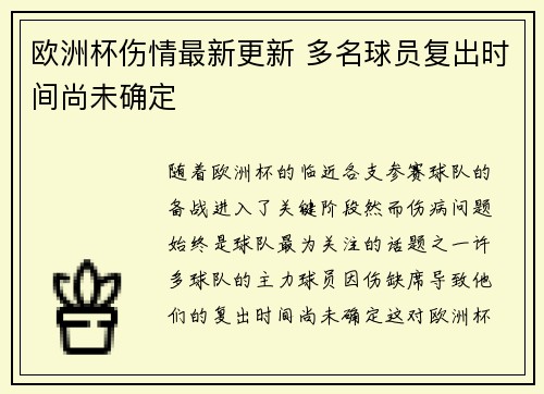 欧洲杯伤情最新更新 多名球员复出时间尚未确定