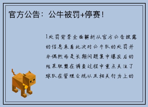 官方公告：公牛被罚+停赛！