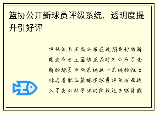 篮协公开新球员评级系统，透明度提升引好评