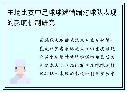 主场比赛中足球球迷情绪对球队表现的影响机制研究